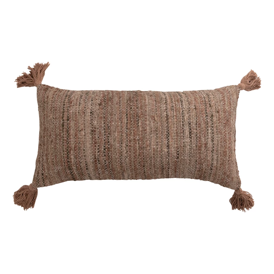 Woven Cotton Blend Lumbar Pillow with Tassels & Chambray Back