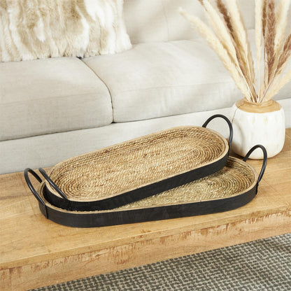 Brown Wooden Coiled Oval Tray with Black Metal Handles