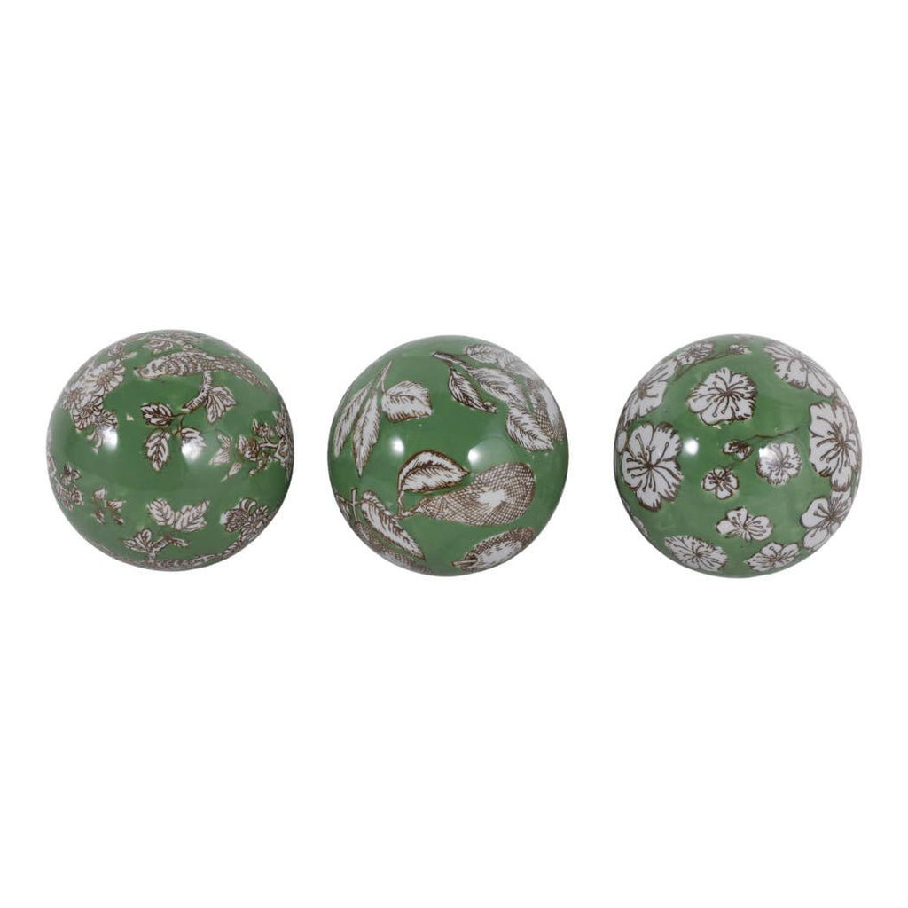 Objects Set of 3 - Green/White Ceramic Chinoiserie Orb, 5 in.