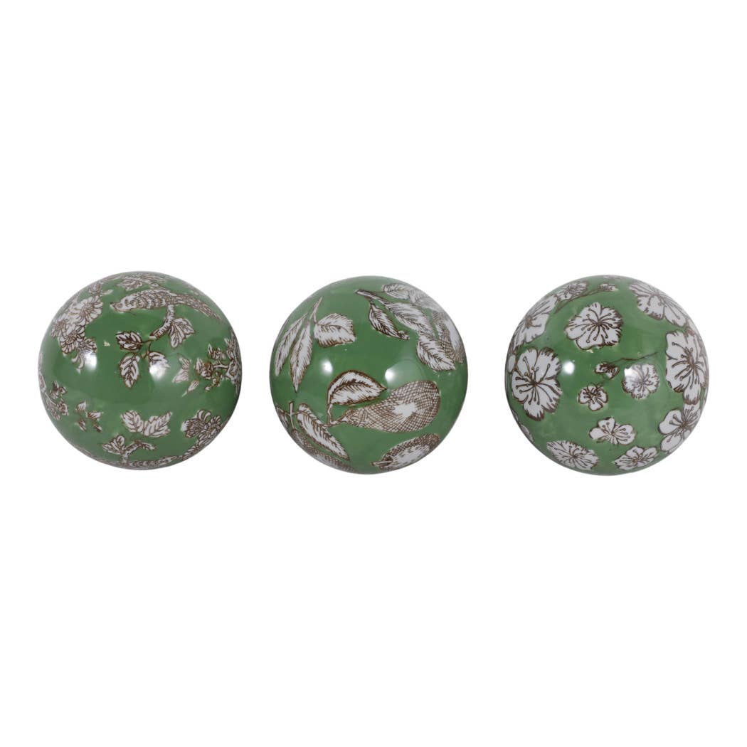 Objects Set of 3 - Green/White Ceramic Chinoiserie Orb, 5 in.
