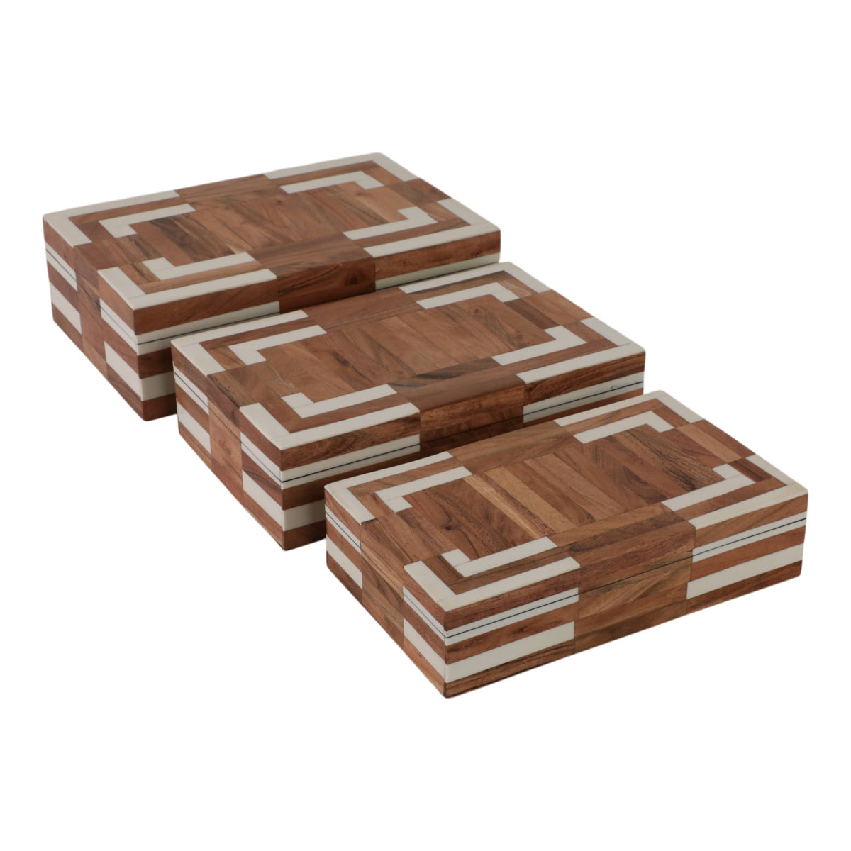 Decorative Boxes Set of 3 - Ivory Wooden Inlay, 10/11/12 in.