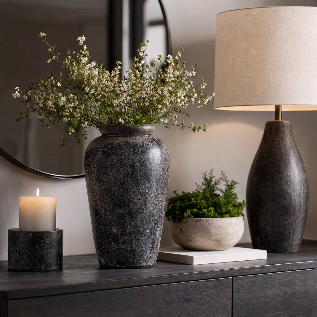 Decorative Vase - Black Terracotta Brushed Textured, 16 in.