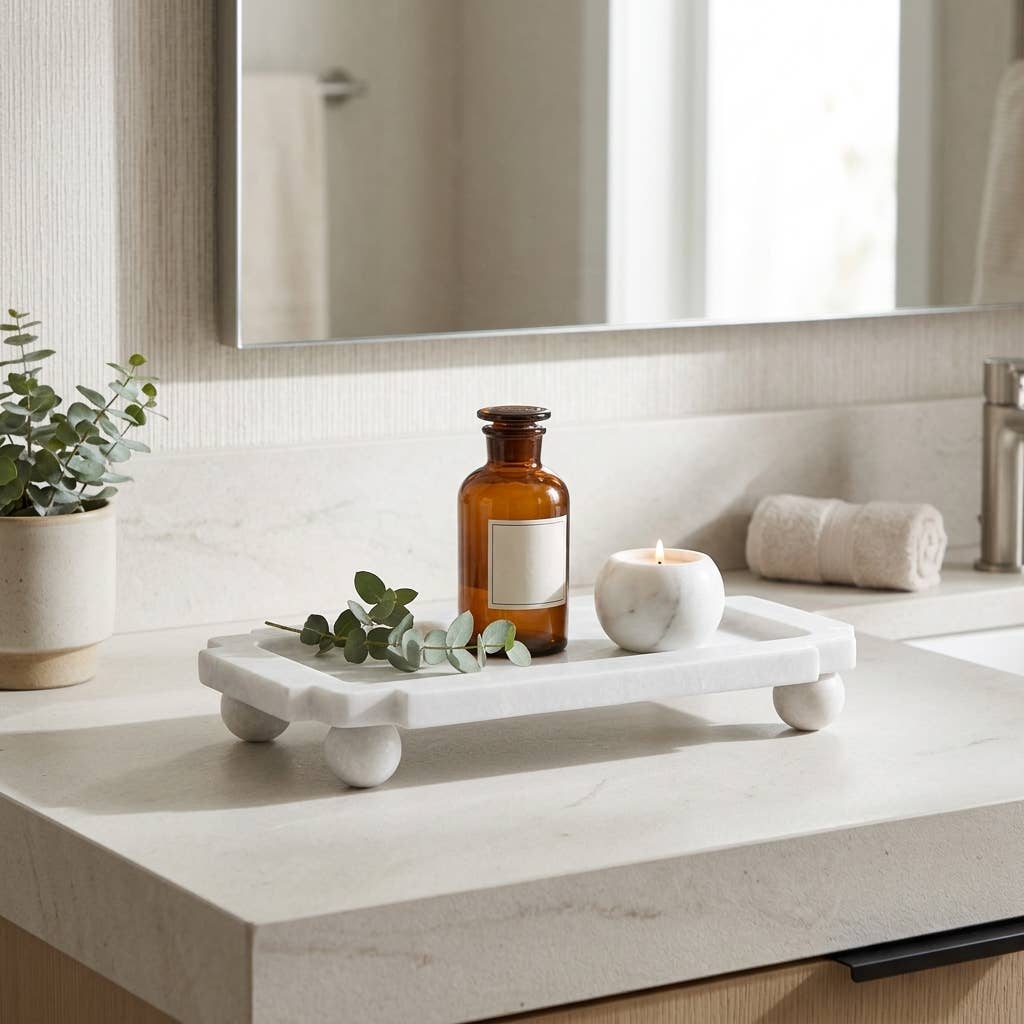 Decorative Tray - White Marble with Rounded Ball Feet, 13 in.