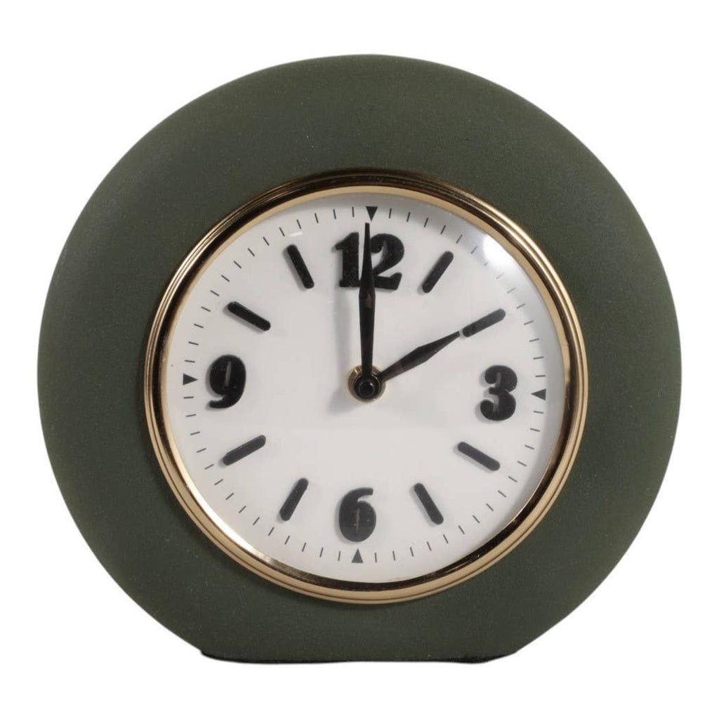 Table Clock - Green Metal and Glass Round Design, 7 in.