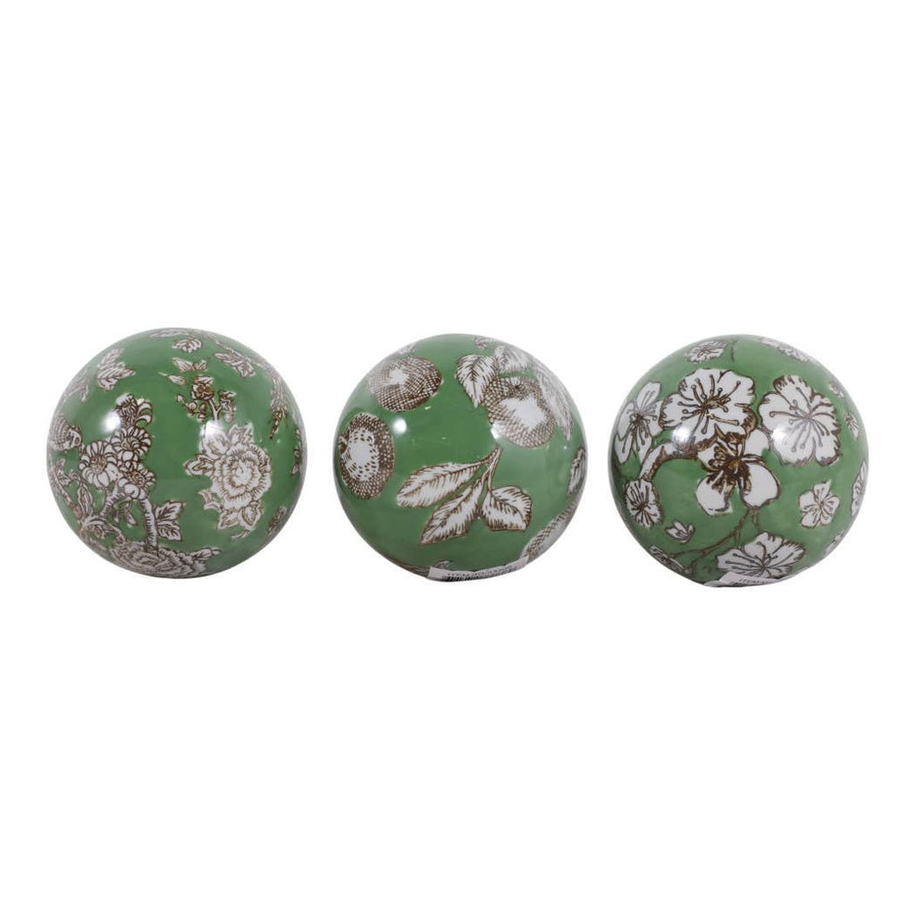 Objects Set of 3 - Green/White Ceramic Chinoiserie Orb, 5 in.