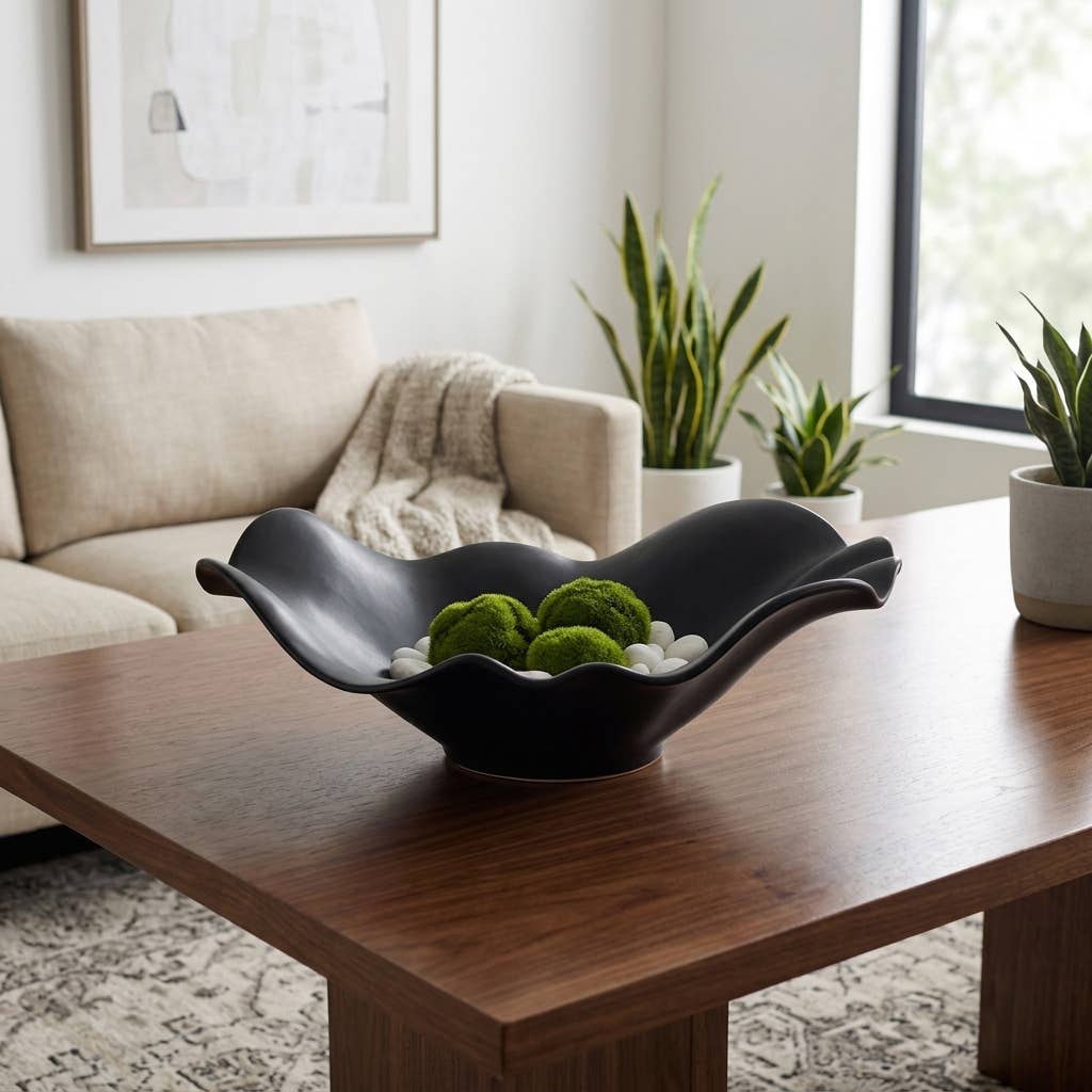 Bowl - Black Ceramic Ruffled Edge Matte Finish, 18 in.