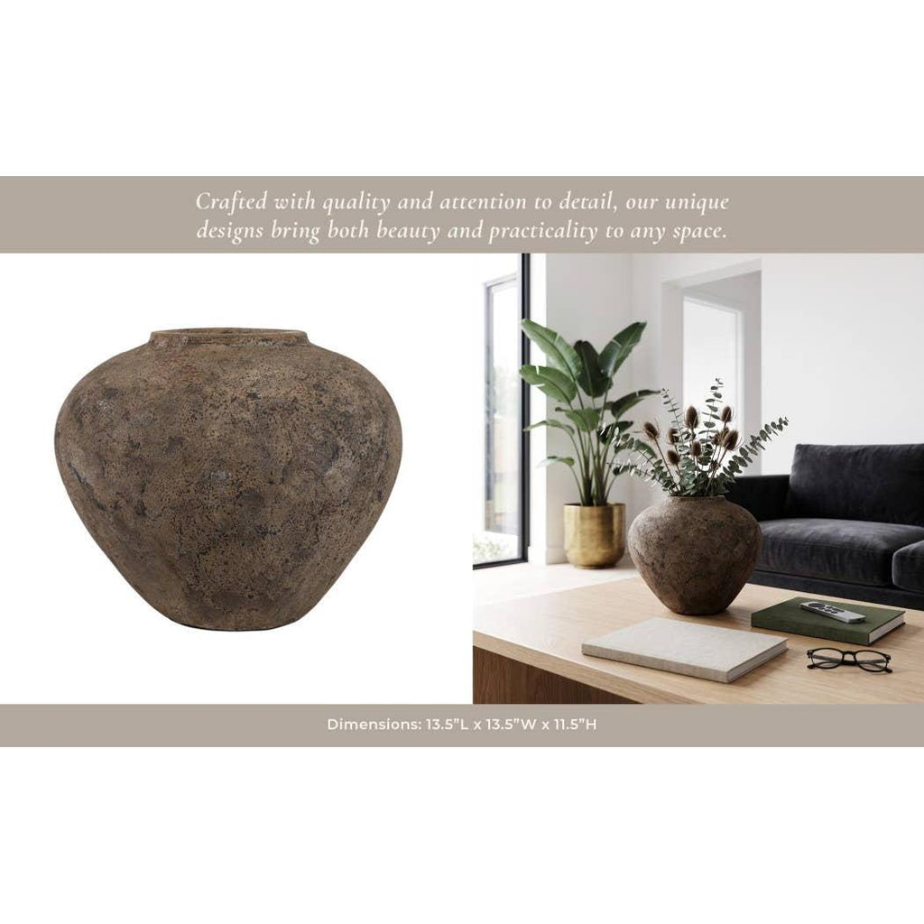 Decorative Vase - Brown Pottery Modern Round Shape, 14 in