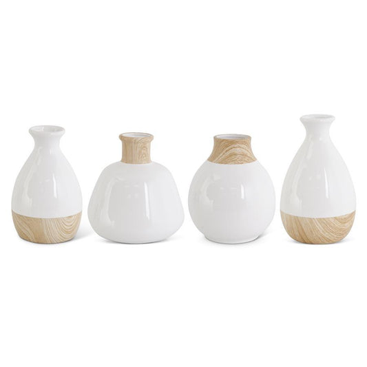 White Stoneware Vases w/Wood Decal Base