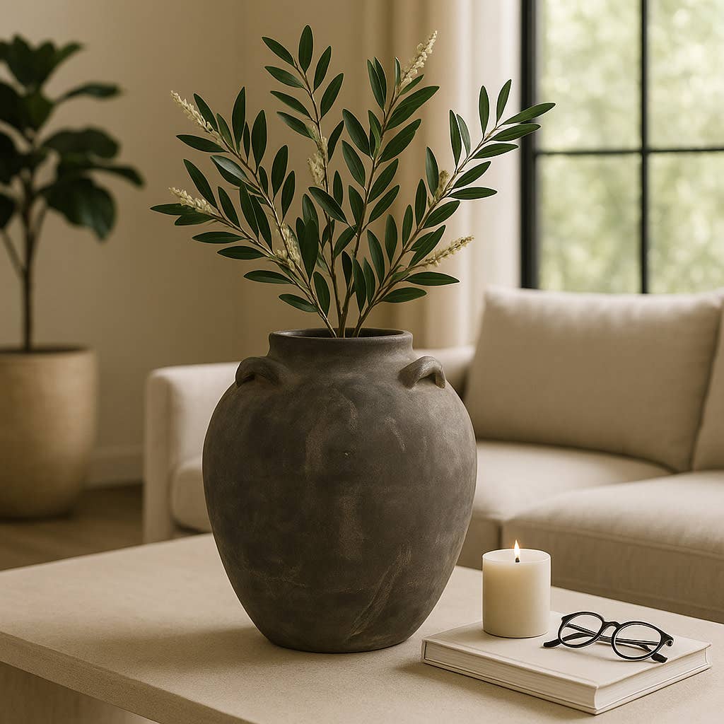 Decorative Vase - Grey Terracotta Jar with Multi Handles, 15 in.