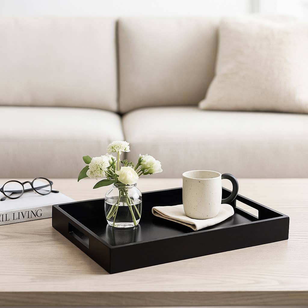 Decorative Tray - Black Wood/Glass Modern Solid, 18 in.