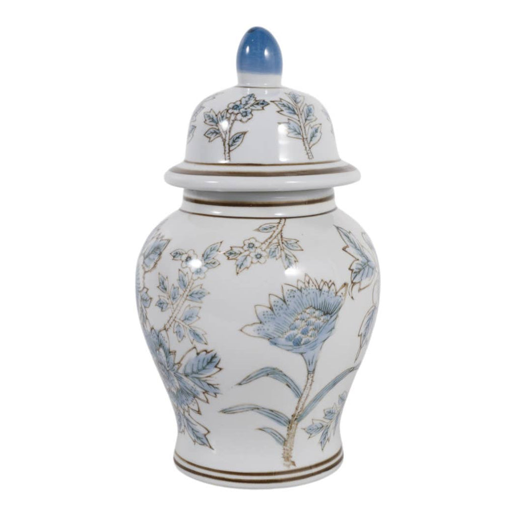 Decorative Jar - Blue/Brown Ceramic Floral Chinoiserie, 11 in.