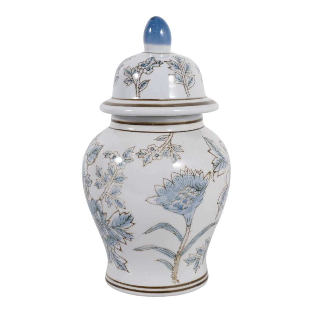 Decorative Jar - Blue/Brown Ceramic Floral Chinoiserie, 11 in.