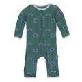 Green baby onesie with purple floral pattern on a white background