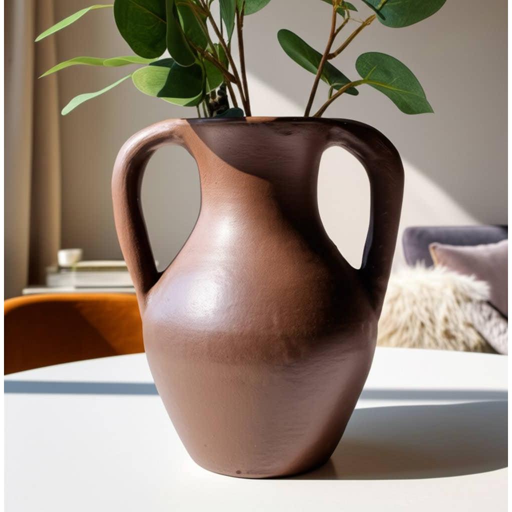 Decorative Vase - Brown Ceramic Rustic Jug with Handles, 11 in.