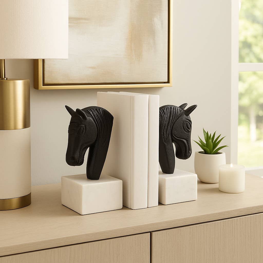 Bookends Set of 2 - White/Black Metal Horse Head, 7 in.