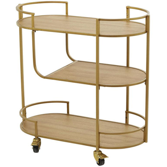 Gold Wood Rolling 3 Shelves Bar Cart with Handles,