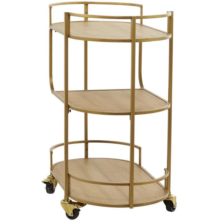Gold Wood Rolling 3 Shelves Bar Cart with Handles