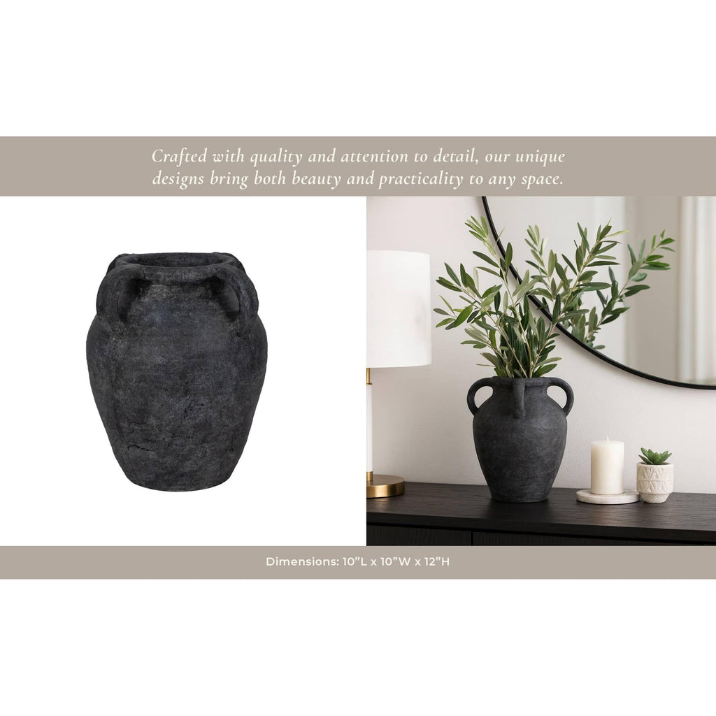 Decorative Vase - Black Pottery Amphora Multi-Handle Jug, 12 in.