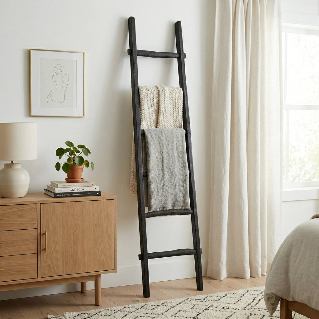 Wood Freestanding Decorative Blanket Ladder - Black, 76 in.