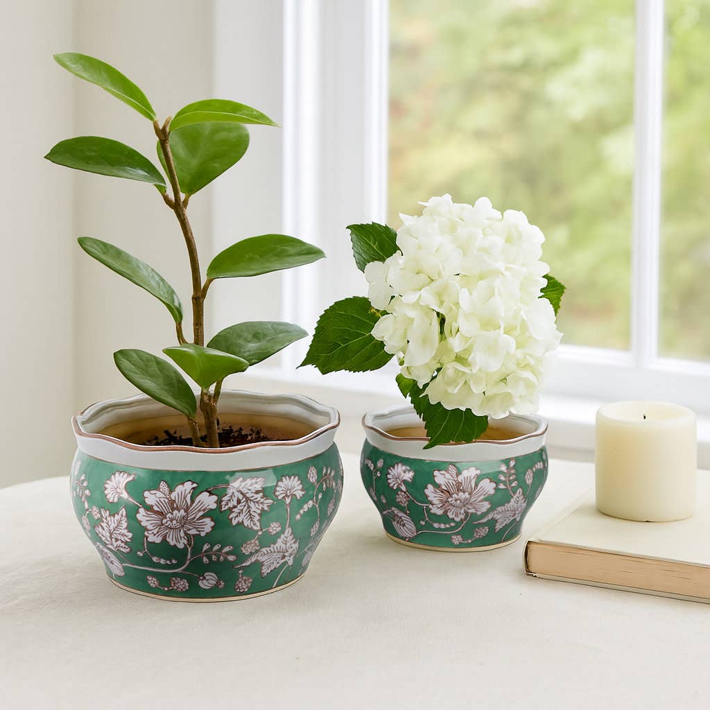 Planters Set of 2 - Green Ceramic Floral Vines, 10/12 in.