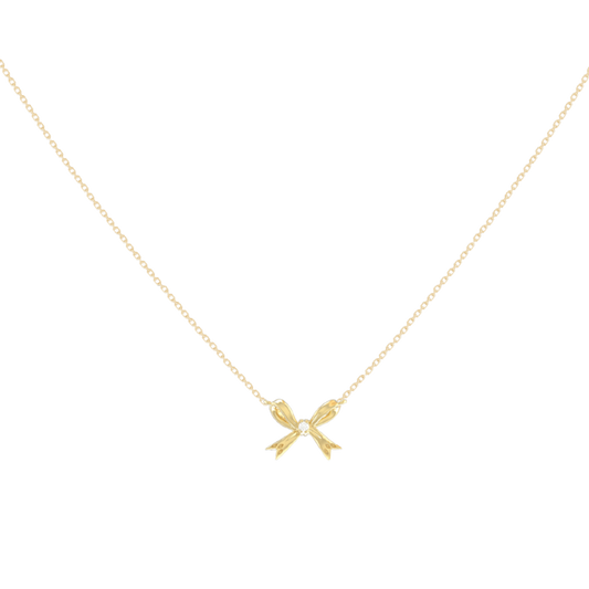 Tiny Bow Pendant Necklace, 14K Gold White Diamond