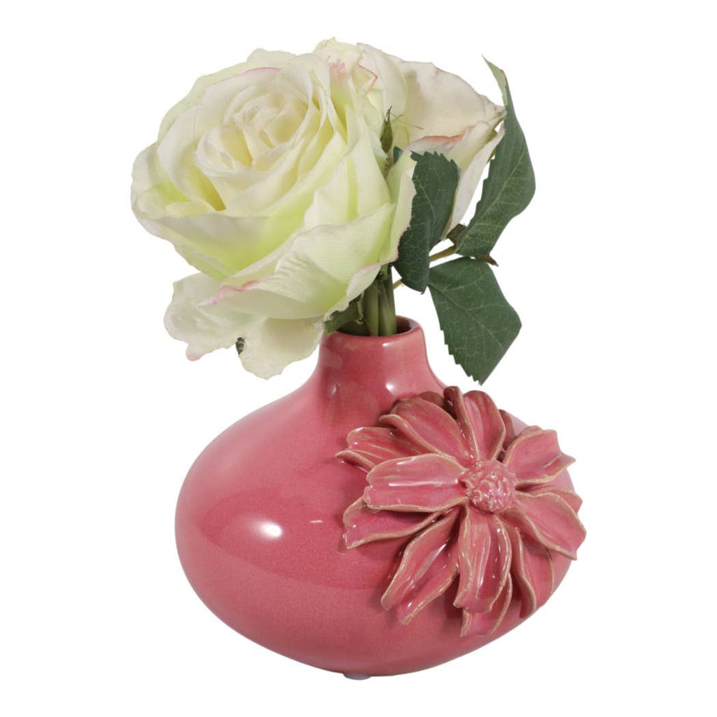 Decorative Vase - Pink Ceramic with Embossed Floral, 6 in.