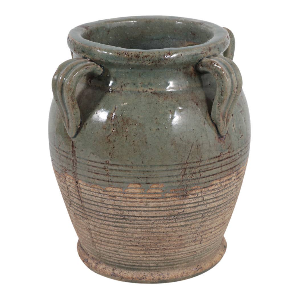 Decorative Vase - Green Ceramic Amphora with Handles, 9 in.