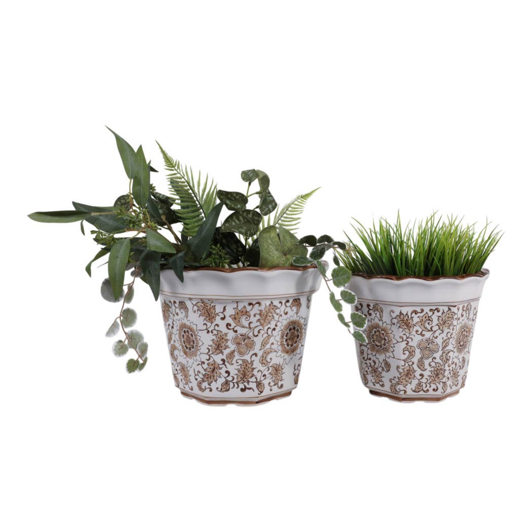 Plant Pot Set of 2 - Brown Ceramic Round Chinoiserie, 10/12 in