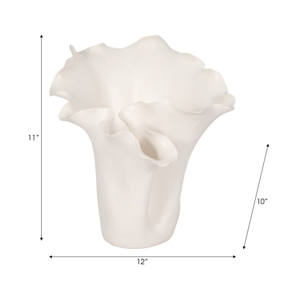 White Ruffled Ceramic Vase, 11 in.