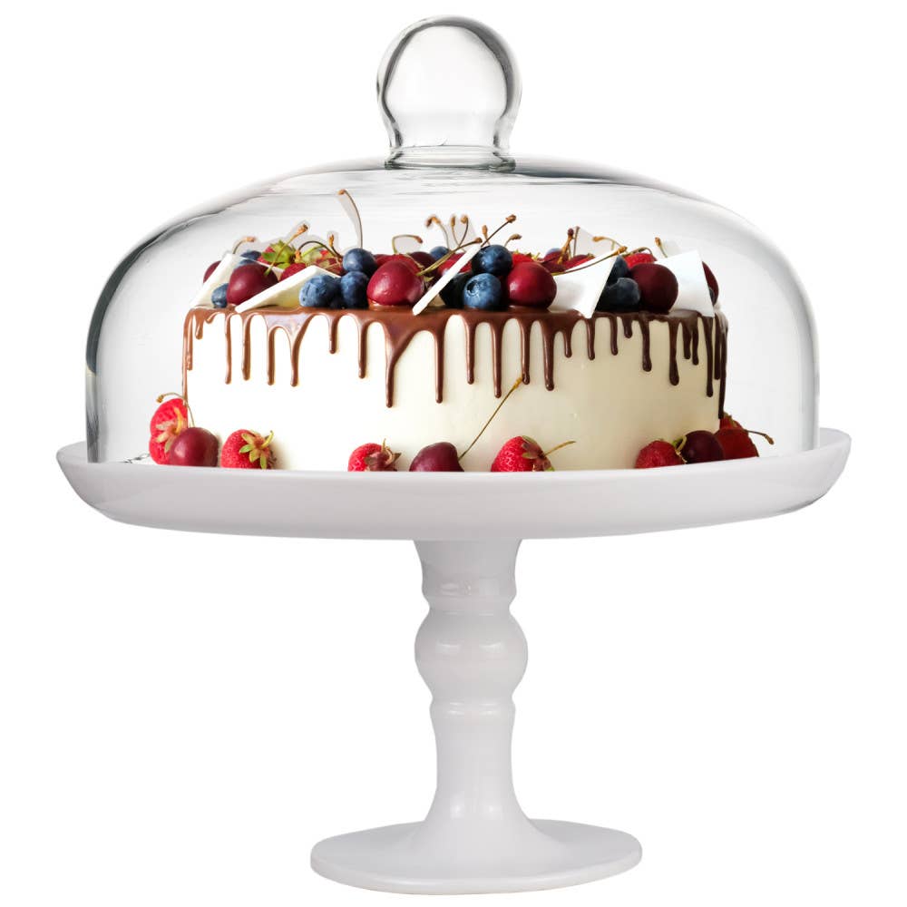 White Pedestal Cake Stand and Clear Dome 25 cm