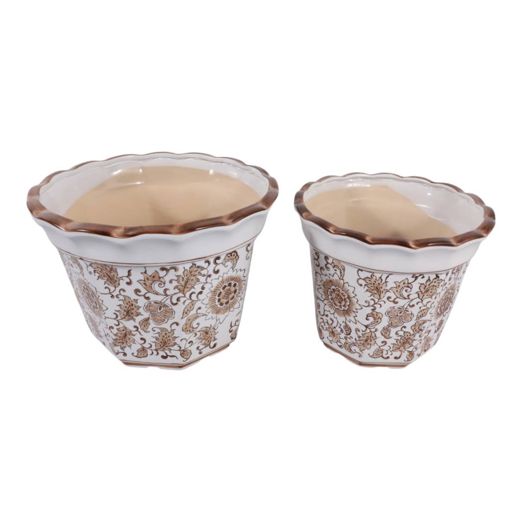 Plant Pot Set of 2 - Brown Ceramic Round Chinoiserie, 10/12 in