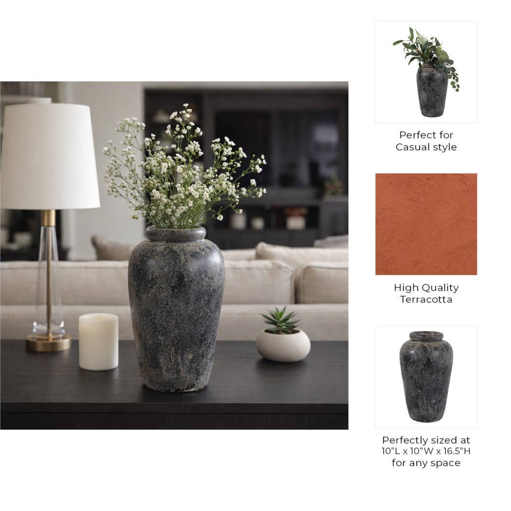 Decorative Vase - Black Terracotta Brushed Textured, 16 in.