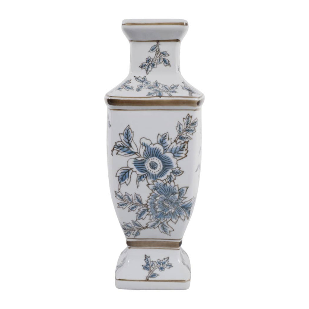 Blue and Brown Floral Chinoiserie Ceramic Vase, 15 in.