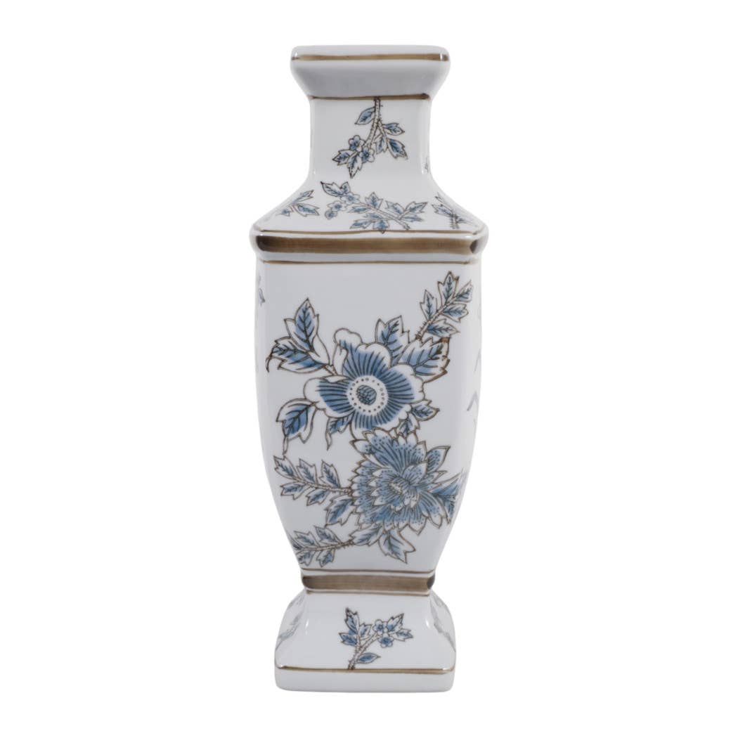 Blue and Brown Floral Chinoiserie Ceramic Vase, 15 in.