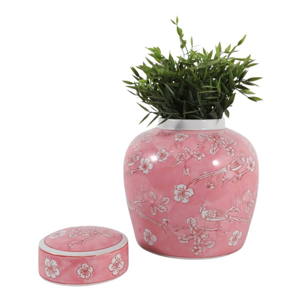 Decorative Jar - Pink Ceramic Chinoiserie with Lid, 10 in.