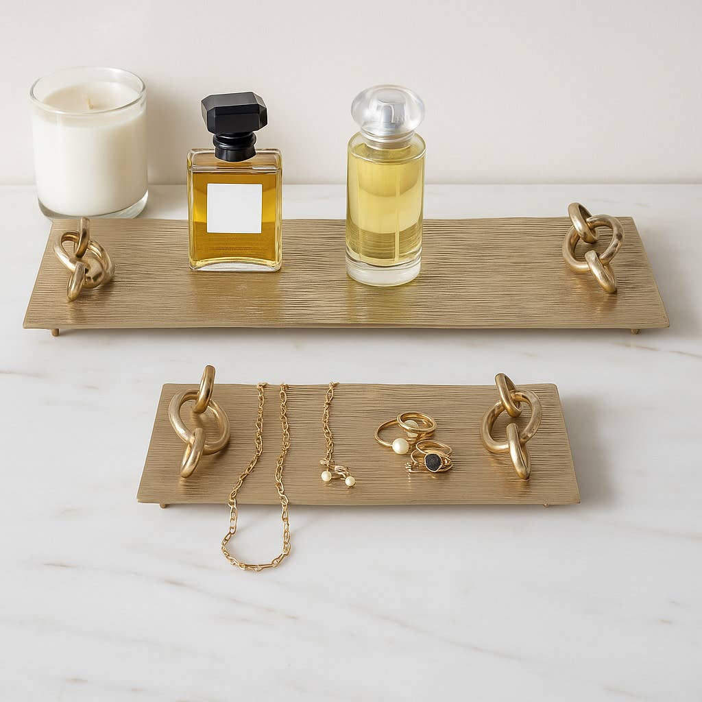 Decorative Gold Metal Link Handled Trays, Two Sizes