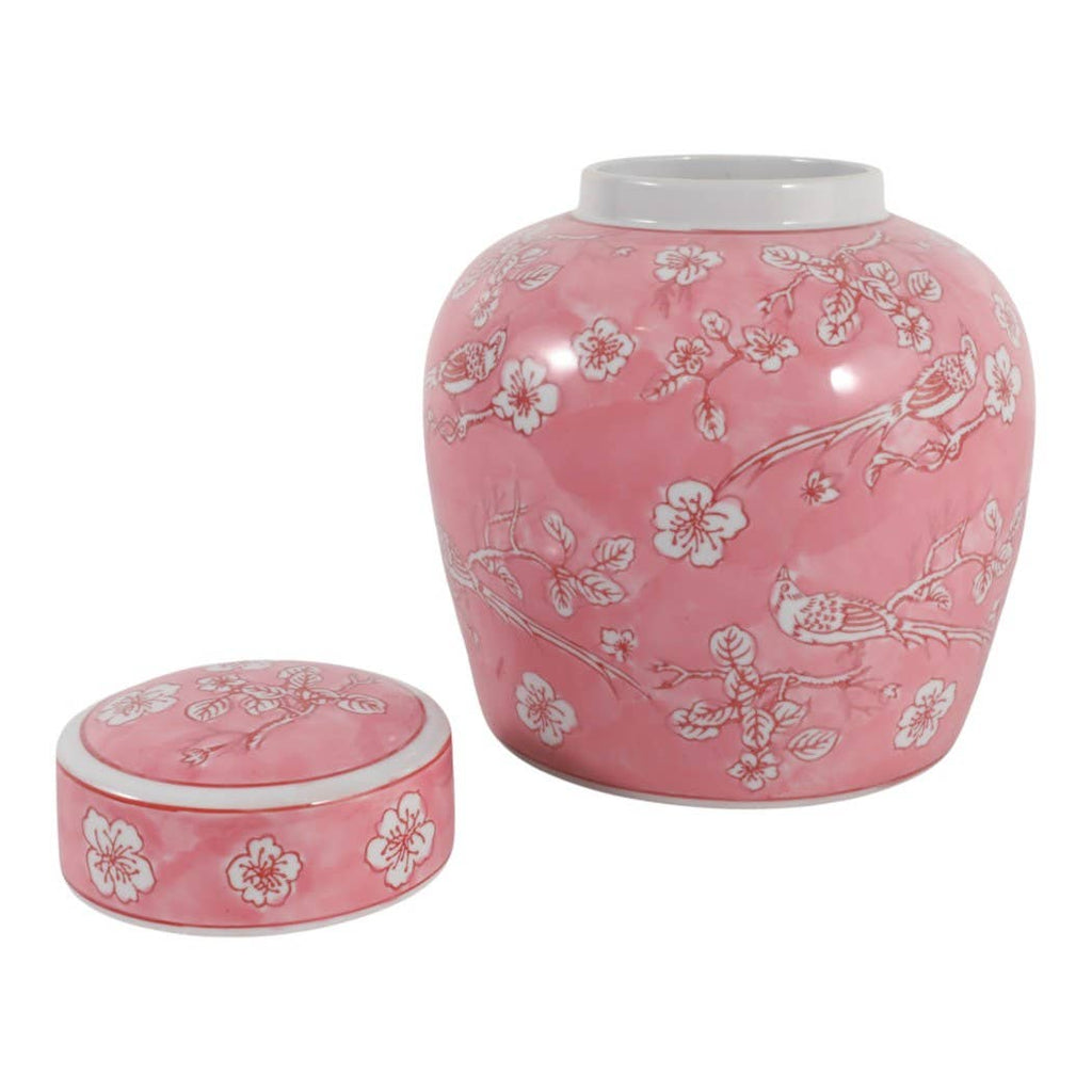 Decorative Jar - Pink Ceramic Chinoiserie with Lid, 10 in.