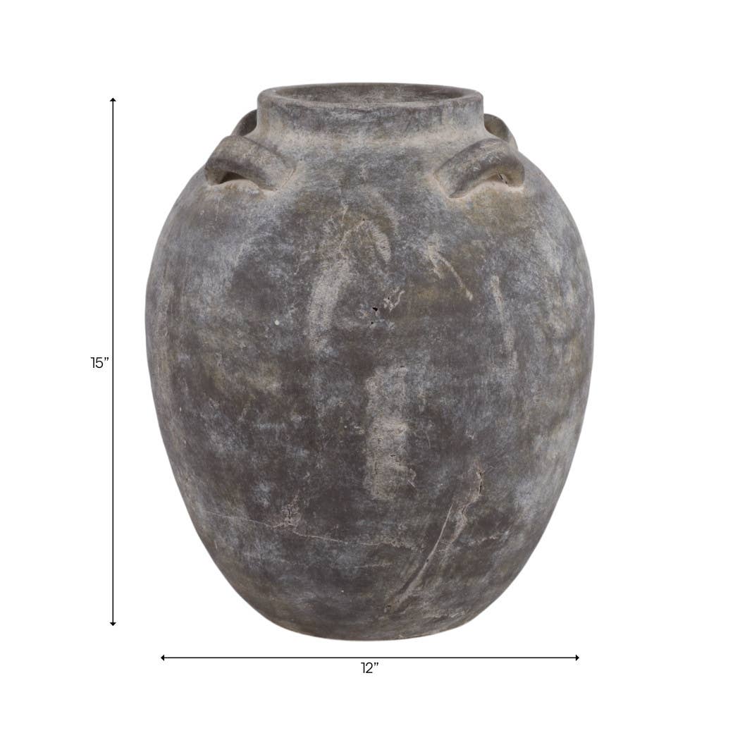 Decorative Vase - Grey Terracotta Jar with Multi Handles, 15 in.