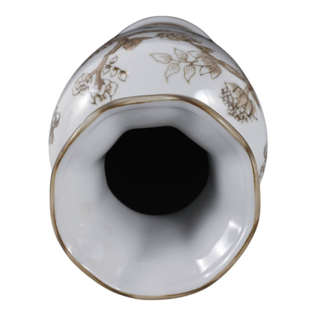 Decorative Vase - Brown/White Ceramic Bird and Vines, 12 in.