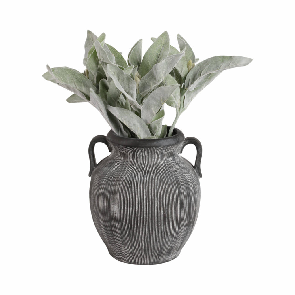 Black Ribbed Stoneware Vase with Handle, 10 in.