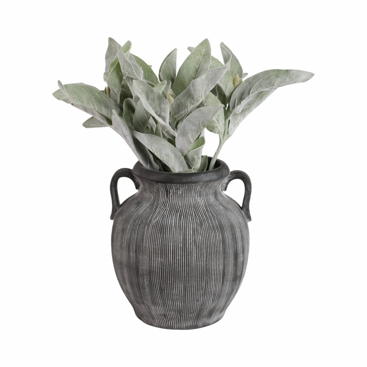 Black Ribbed Stoneware Vase with Handle, 10 in.