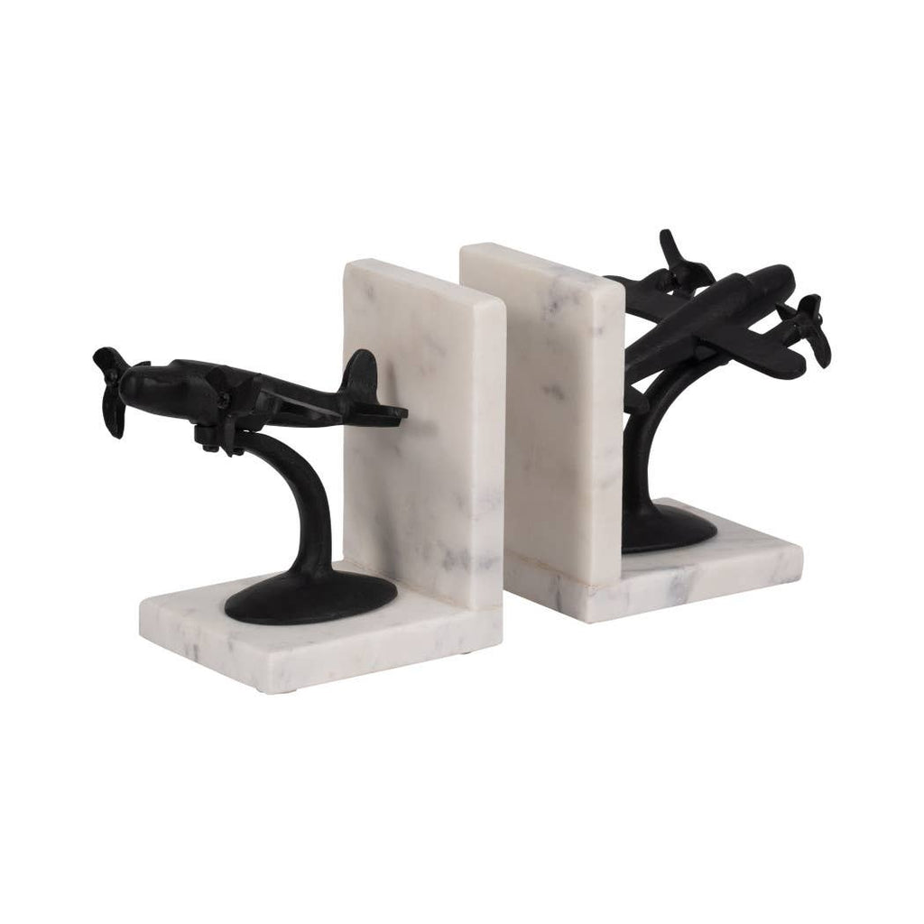 Bookends Set of 2 - Black/White Airplane on Marble, 6 in.