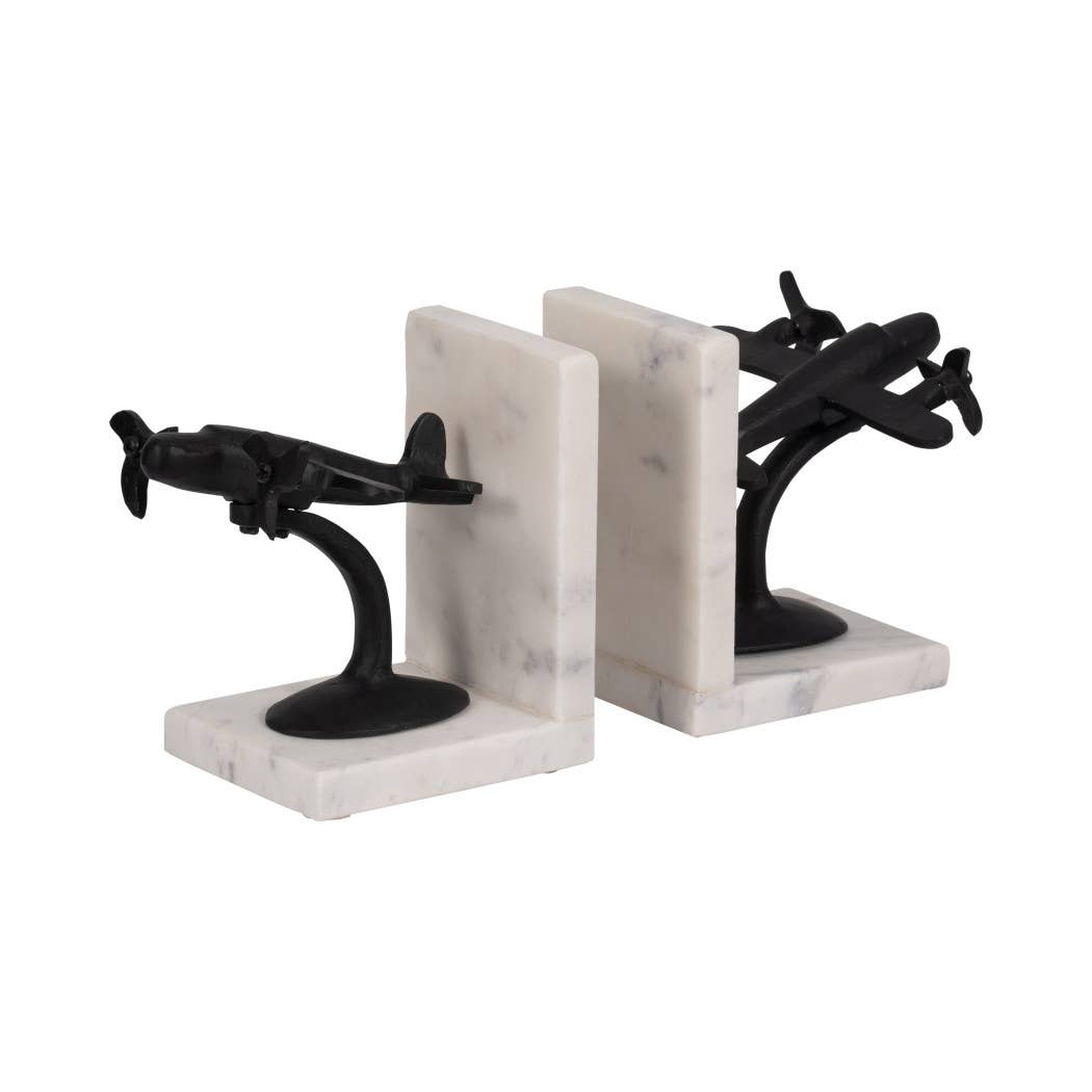 Bookends Set of 2 - Black/White Airplane on Marble, 6 in.