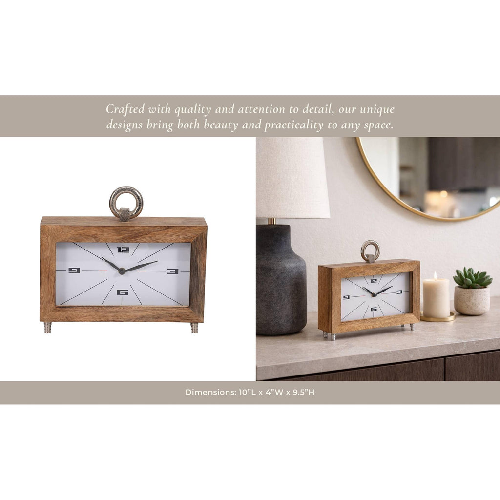 Table Clock - Brown Wood Rectangular with Ring, 10 in.