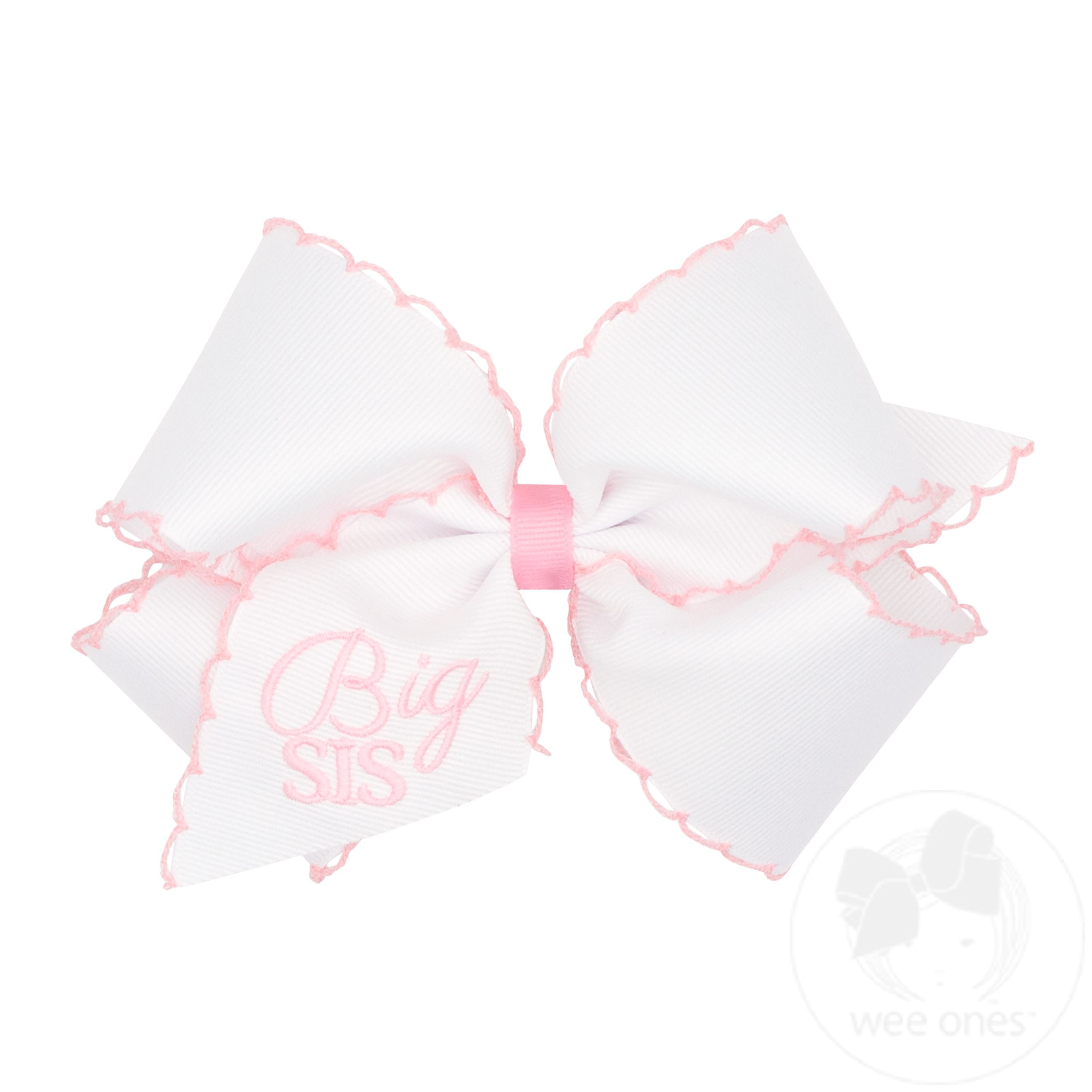 King Grosgrain Hair Bow with Light Pink Moonstitch Edge and Big Sis Embroidery
