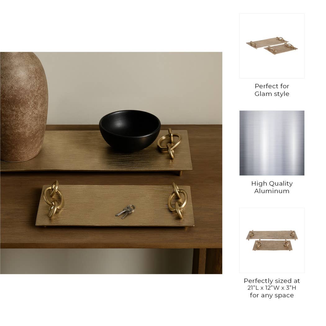 Decorative Gold Metal Link Handled Trays, Two Sizes
