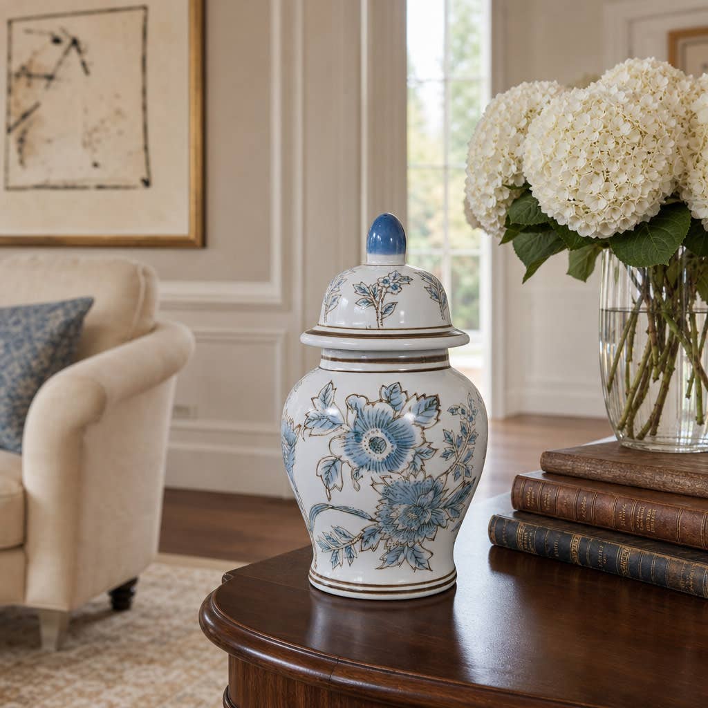 Decorative Jar - Blue/Brown Ceramic Floral Chinoiserie, 11 in.
