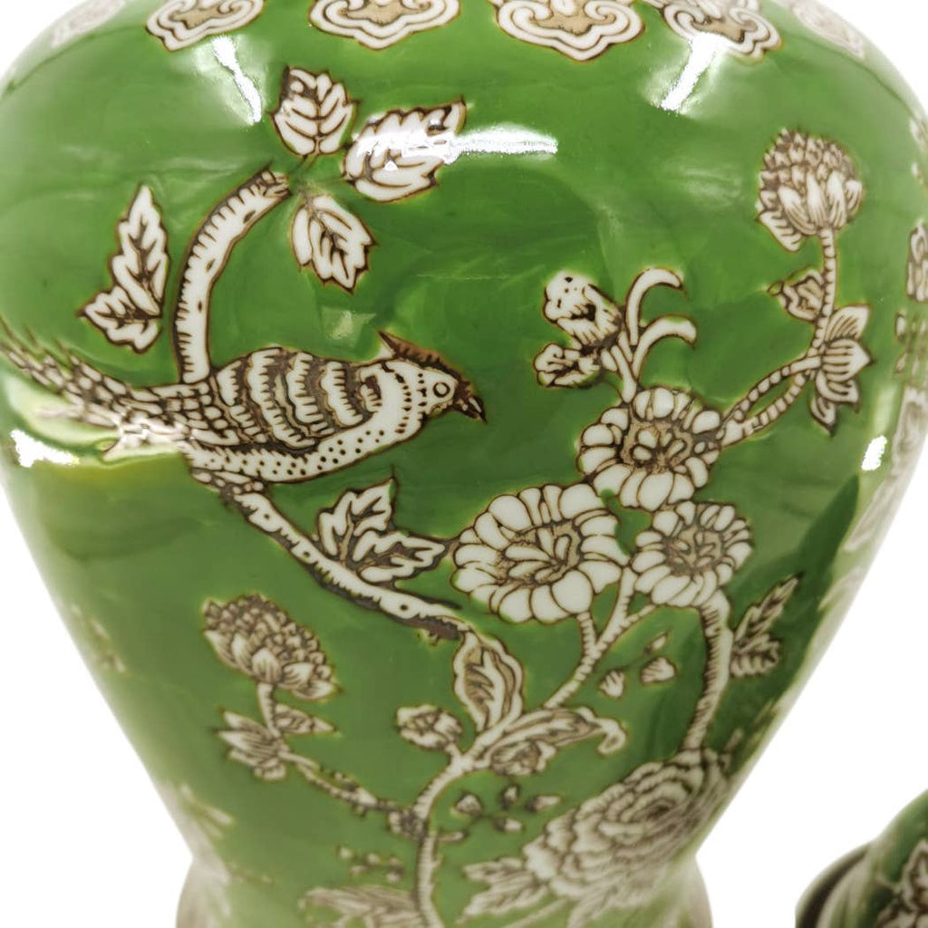 Green and Brown Bird and Flower Ceramic Jar, 18 in.