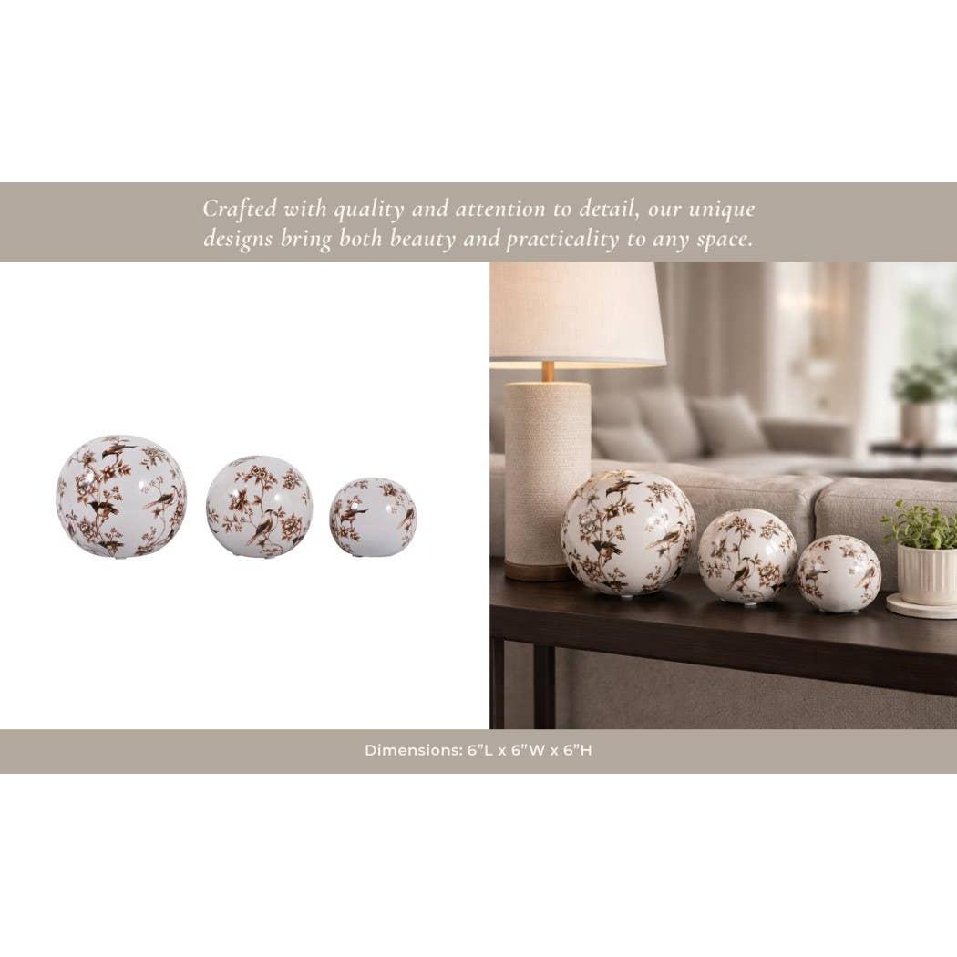 Objects Set of 3 - Brown/White Ceramic Birds Orbs, 4/5/6 in.