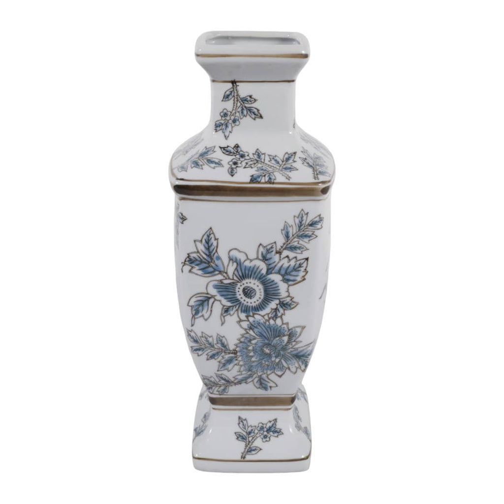 Blue and Brown Floral Chinoiserie Ceramic Vase, 15 in.